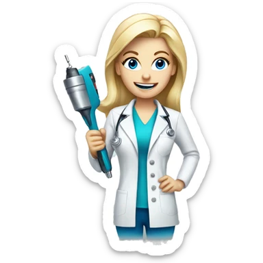 female dentist blonde with blue eyes holding drill sticker