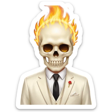 cinematic - aesthetic shiny glowing divine lighting - Megadeth icon - a politician in an ivory ethereal suit wears a white tie, has a skull instead of a head, and instead of glasses, burns in fire sticker