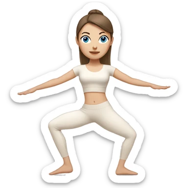 A White woman with blue eyes and brunette hair in a high ponytail doing yoga in beige and light pink sticker