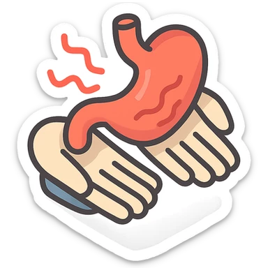 painful stomach, stomach and hands with waves of pain, 2d isometric style, shadows and highlights, no face or legs, transparent background sticker