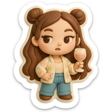 3D chibi girl fondant cake art style, high-quality rendering with smooth shadows and soft gradients, long brown hair in two space buns, brown eyes, jeans, pastel floral cardigan, thick white outline like a sticker, transparent background, holding a wine glass acting fancy and superior, preserve facial features from reference image sticker