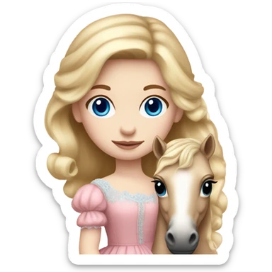 Blonde, pale skin, blue eyes girl wearing a pink dress cuddling her pony stuffed animal. She is from the Victorian era sticker