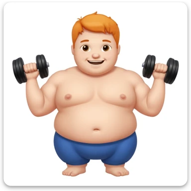 exaggerated and humorous chubby character with big dumbbells, white background sticker