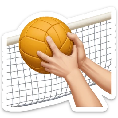 A close-up of a hand gripping a handball, with the handball gates visible in the background. The focus is on the texture of the ball and the strength of the grip, with the goal net slightly blurred to emphasize the anticipation of the throw. sticker