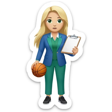 Full Body white plus size female basketball head coach using a clipboard with long blonde hair in a blue and green suit sticker