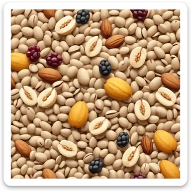 apple style emoji heap of muesli, mix of rolled oats, dried fruits, nuts, seeds, natural colors, tactile texture, 3D rendered clean minimal soft lighting, no anthropomorphic features, no milk, no yogurt, no spoon, transparent background, emoji scale sticker