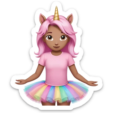 head and shoulders portrait of an anthropomorphised female unicorn in tutu and pink t-shirt, relaxed pose sticker