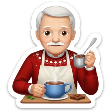 A gentle old man in a festive sweater and a white apron, stirring a pot of rich hot chocolate. sticker