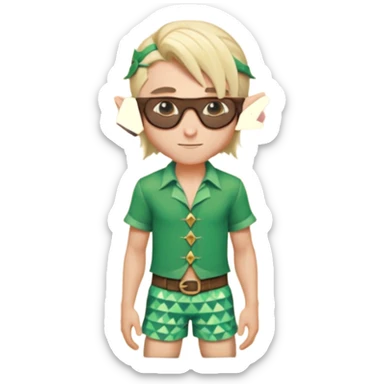 elf male legolas portrait, patterned board shorts (geometric/abstract), unique wooden-framed sunglasses, undercut hairstyle, slight smirk, visible pointy ears, no background, centered emoji, hipster summer vibe sticker