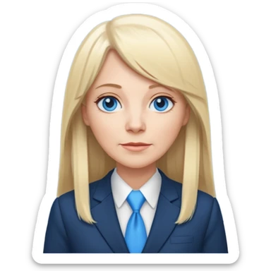 450 yr old white woman, pale skin, long straight blond hair parted in center, blue eyes, bangs, clothes for office sticker