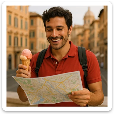 an Italian tourist with a backpack, eating gelato, looking at a city map, relaxed and happy sticker