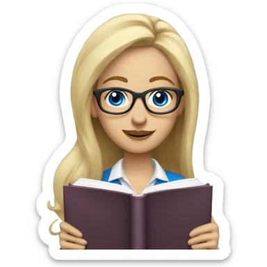 Woman teacher blonde long flowing hair glasses blue eyes with book sticker