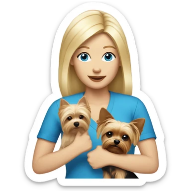 White woman with blonde hair and blue eyes holding yorkie dog with a peace sign  sticker