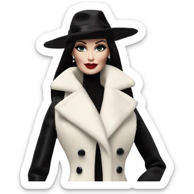 Fit Silkstone Dazzling Winter Barbie Morticia Addams .  Wearing coat gloves boots hat sticker