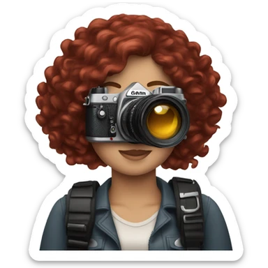 white girl photographer with dark red curly hair and Canon camera sticker