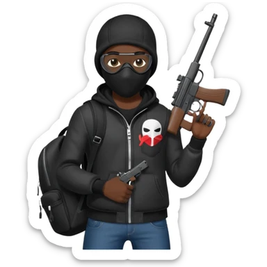 YN wearing a ski mask, holding a gun, black jeans, Sprayground bookbag, confident stance sticker