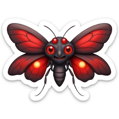Create a scary emoji of the Mothman from point plesant west virginia with bright red eyes and as depicted in the legend. Make it less bird like and more Moth / Human hybrid sticker