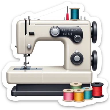 Sewing icon, sewing machine with thread, visible needle, spools of thread, fabric pieces cut according to patterns, measuring tape, pins, scissors, and dresses on mannequins, minimalistic style, clean lines, transparent background. sticker