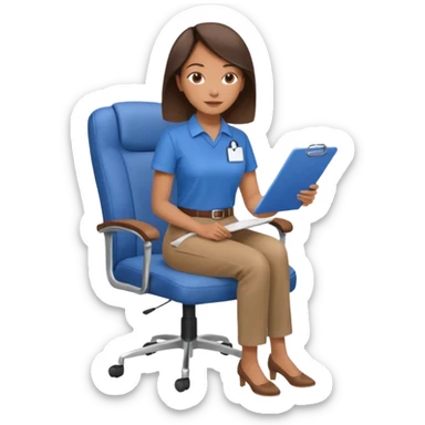 Generate an emoji of a female AI ethicist in blue shirt brown pant sitting in a chair and has a checklist stating AI ethics elements like stop bias, fairness score sticker