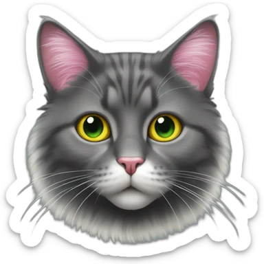 fluffy dark grey cat with pink nose, white round spots near the nose, yellow-green eyes and white long whiskers sticker
