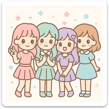 a kpop group, pastel coordinated outfits, cute pose, kawaii style sticker