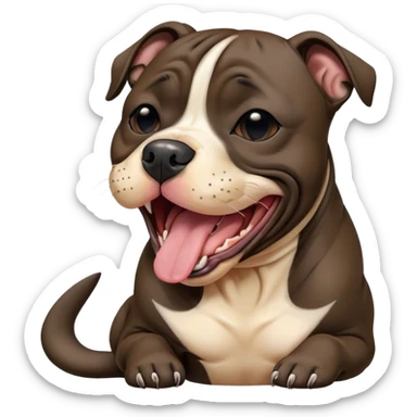 Cinematic Cute Yawning Black/Brindle Staffordshire Bull Terrier Portrait Emoji, Head tilted slightly with a dramatic, wide-open yawn, showcasing a smooth Fur with a striking black and brindle pattern, floppy ears slightly drooping, round dark eyes barely open in drowsy contentment, Simplified yet irresistibly adorable features, highly detailed, glowing with a soft, cozy glow, high shine, relaxed yet expressive, stylized with a touch of whimsy, bright and endearing, soft glowing outline, capturing the essence of a sleepy yet affectionate guardian, so drowsy it feels like it could stretch right out of the screen and curl up for a nap! sticker