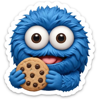 cookie monster, vibrant blue fur, big googly eyes, holding a cookie, playful expression, simple background sticker