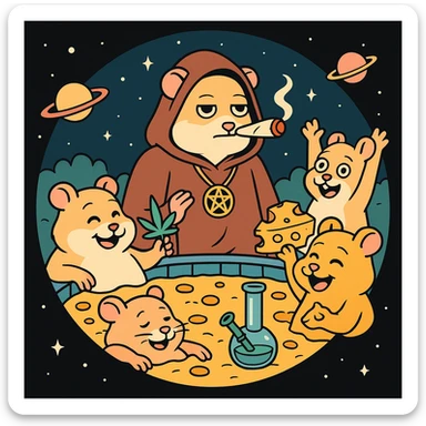circular Discord server icon, centered composition of a hamster cult weed and cheese pool party at night, 80s cartoon style, bold outlines, bright colors, space backgrounds sticker