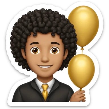 brown skin, black curly hair man hold gold balloon sticker