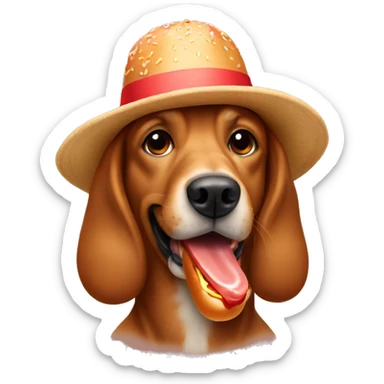 Brown dog with a hat eating a hotdog sticker