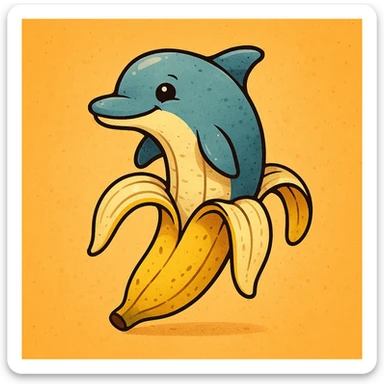 an imaginative and cartoonish dolphin merged with a banana peel, the dolphin's head and fins as the banana's top sticker