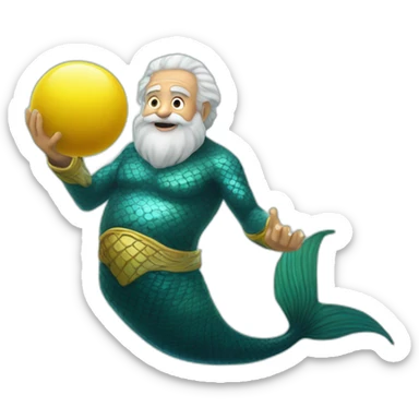Underwater happy old and bold man mermaid swimming, snorkel equipement, holding a small yellow ball, winning enthousiasm with kungfu pose sticker