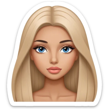 Glamours, tanned, very beautiful girl, with big pump peach-beige-rose lips, long long lashes, black straight smooth silky long hair, straight parting hair, blue-grey eyes sticker