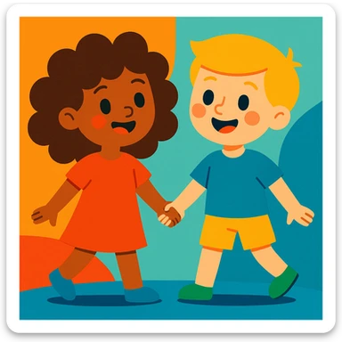 brunette curly haired girl and blonde boy holding hands, vibrant and friendly style sticker