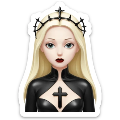 Saintly figure in glossy black latex, corrupted holiness, erotic blasphemy sticker