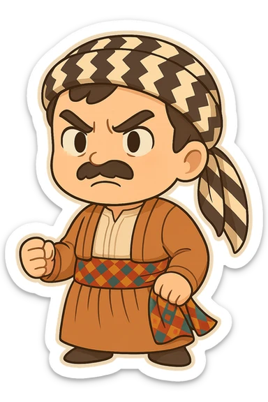 Create a chibi Kurdish cartoon sticker based on the reference image, showing an angry (upset) expression, with a transparent background. sticker