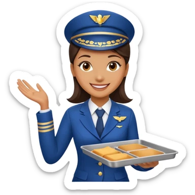 A female professional flight attendant holding a service tray, sticker