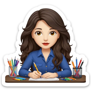 female dark wavy long hair graphic designer , color wheel, pens, papers, desktop sticker