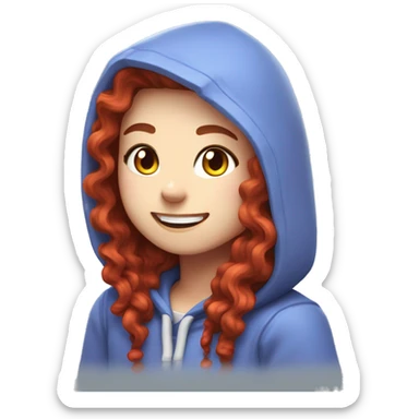 a white girl with long red curly hair, wearing periwinkle Minecraft hoodie playing a videogame smiling sticker