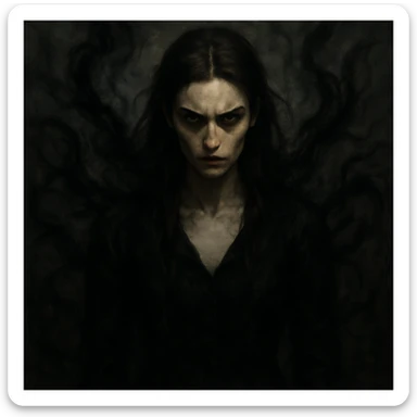 A brunette woman with a dark, unsettling aura, intense and foreboding expression, surrounded by chaotic negative energy, menacing and dreadful aura, sharp features, unsettling vibe sticker