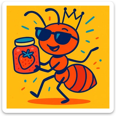 ant with sunglasses and a crown, holding strawberry jam, playful style sticker