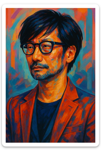 Hideo Kojima as a creative game director with glasses and unique hairstyle, stylized portrait sticker