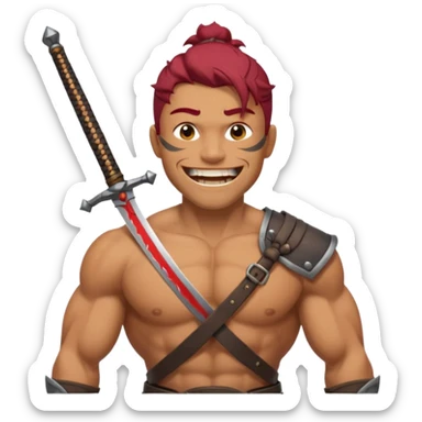 Haz que tenga una sonrisa epica una cicatriz en el ojo serrado y una espada entre los dientes y dos más a cada lado. sticker