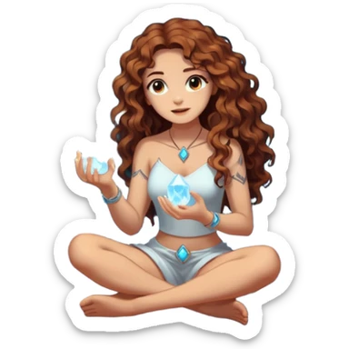 full body woman long curly brown hair brown eyes white skin tattoos sitting inside crystal cave opening, touching glowing quartz sticker