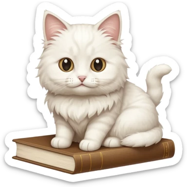 A white fluffy cat sits on top of a beige book sticker