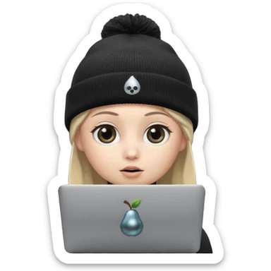 Apple-style Memoji face with big eyes and black beanie, holding silver laptop covering mouth with solid black pear logo (no bite), clean soft lighting, simple round background. sticker