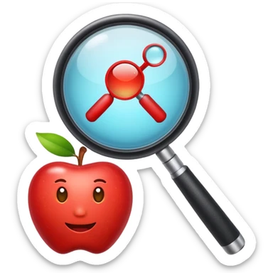 magnifying lens emoji style apple with plus sign in bottom right, symbolizing search and add sticker
