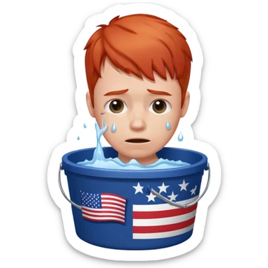 short red haired man crying into bucket with USA flag on it sticker