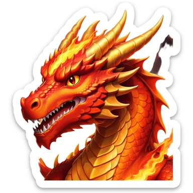 cinematic-noble-fierce-fire-dragon-portrait-emoji,-poised-and-imposing,-with-a-muscular,-scaled-body-ablaze-in-fiery-hues-of-crimson,-molten-orange,-and-molten-gold,-and-intense,-burning-eyes-that-mirror-the-heart-of-a-volcano;-rendered in detail sticker