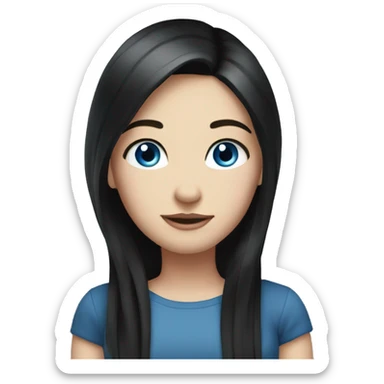 a girl with fair skin, straight long black hair, blue eyes, standing, very beautiful, very attractive sticker